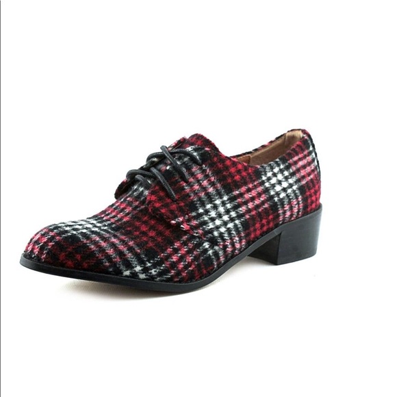 Red Wine Plaid Fabric Lace Up Boyfriend Oxfords - Picture 6 of 8